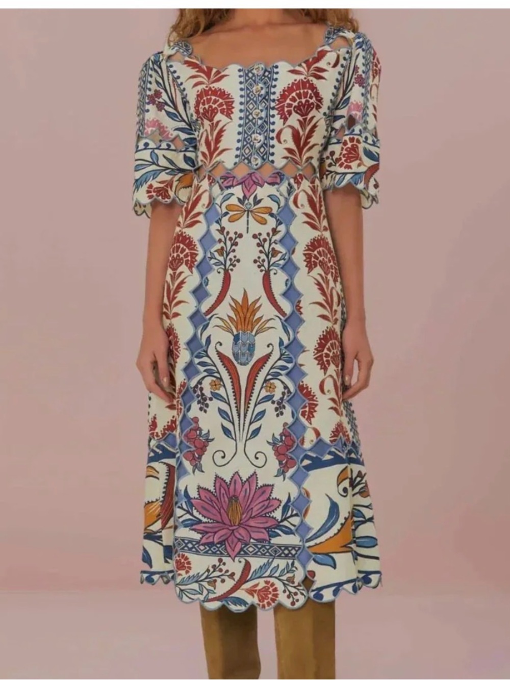 Farm Rio Bohemian Floral Square-Neck Midi Dress in Cream and Multi